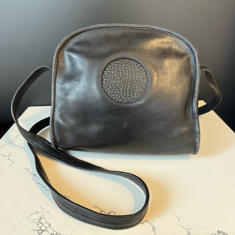 Vintage Black Leather Shoulder Bag Purse w Contrasting Blue Stitching